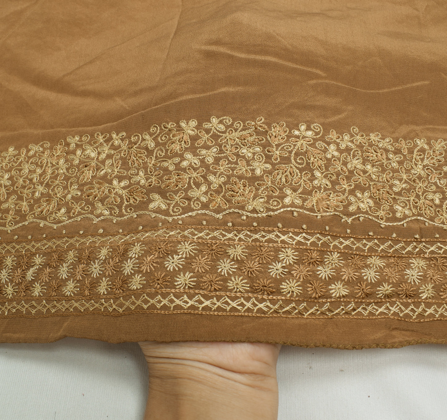 Sushila Vintage Brown Sari Remnant Scrap Crepe Silk Hand Embroidery Craft Fabric