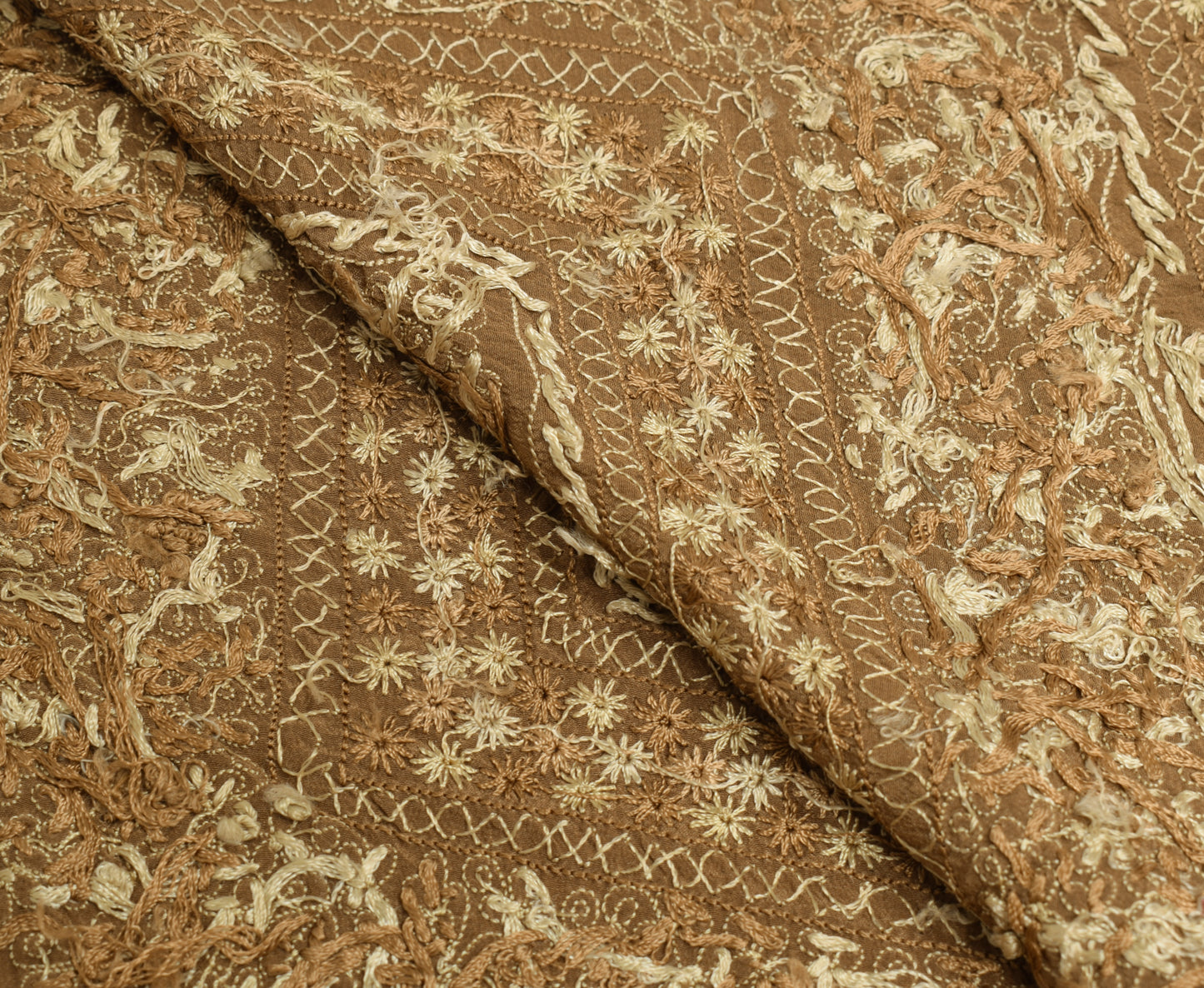 Sushila Vintage Brown Sari Remnant Scrap Crepe Silk Hand Embroidery Craft Fabric