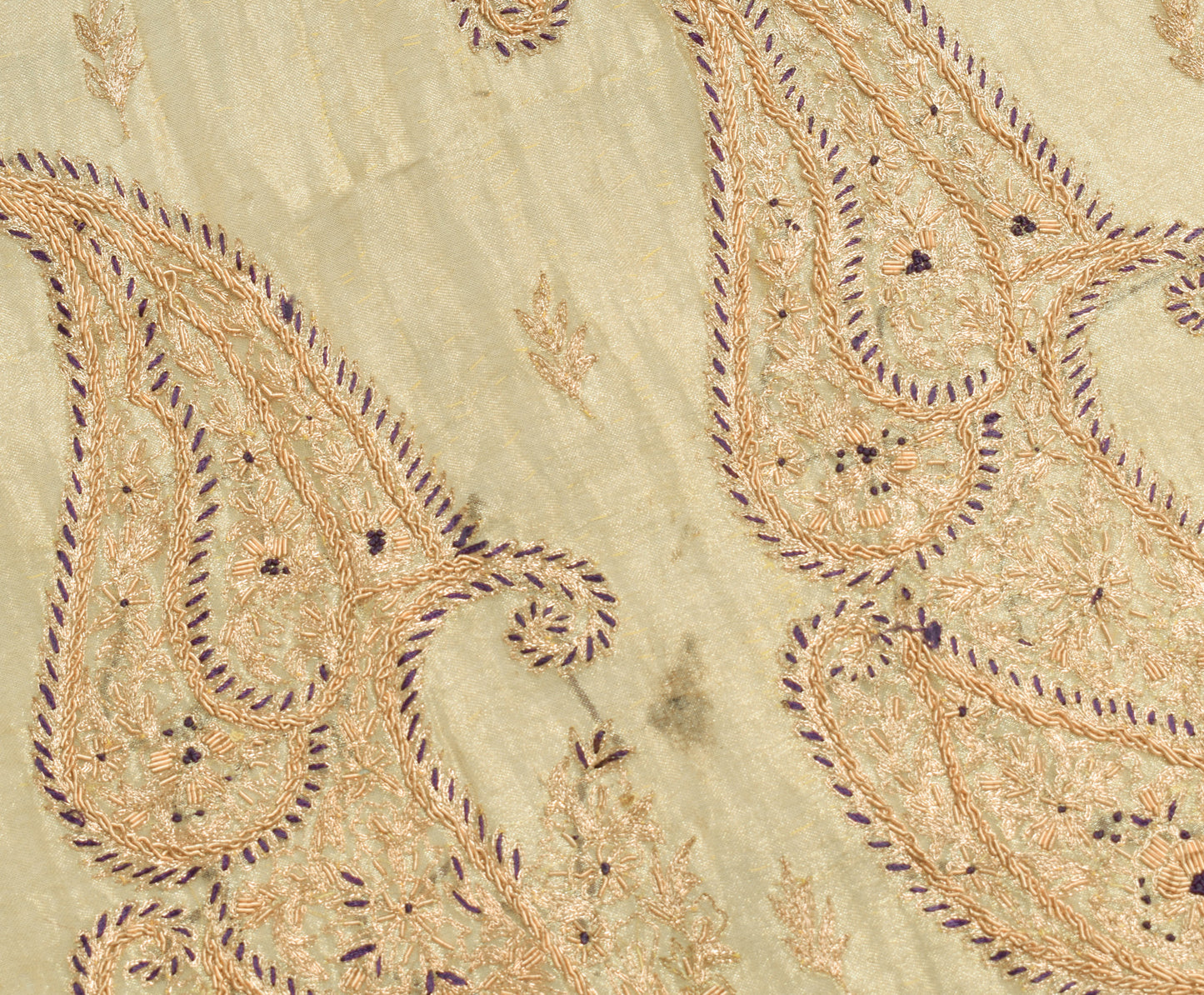 Sushila Vintage Golden Tissu Sari Remnant Scrap Hand Beaded Paisley Craft Fabric