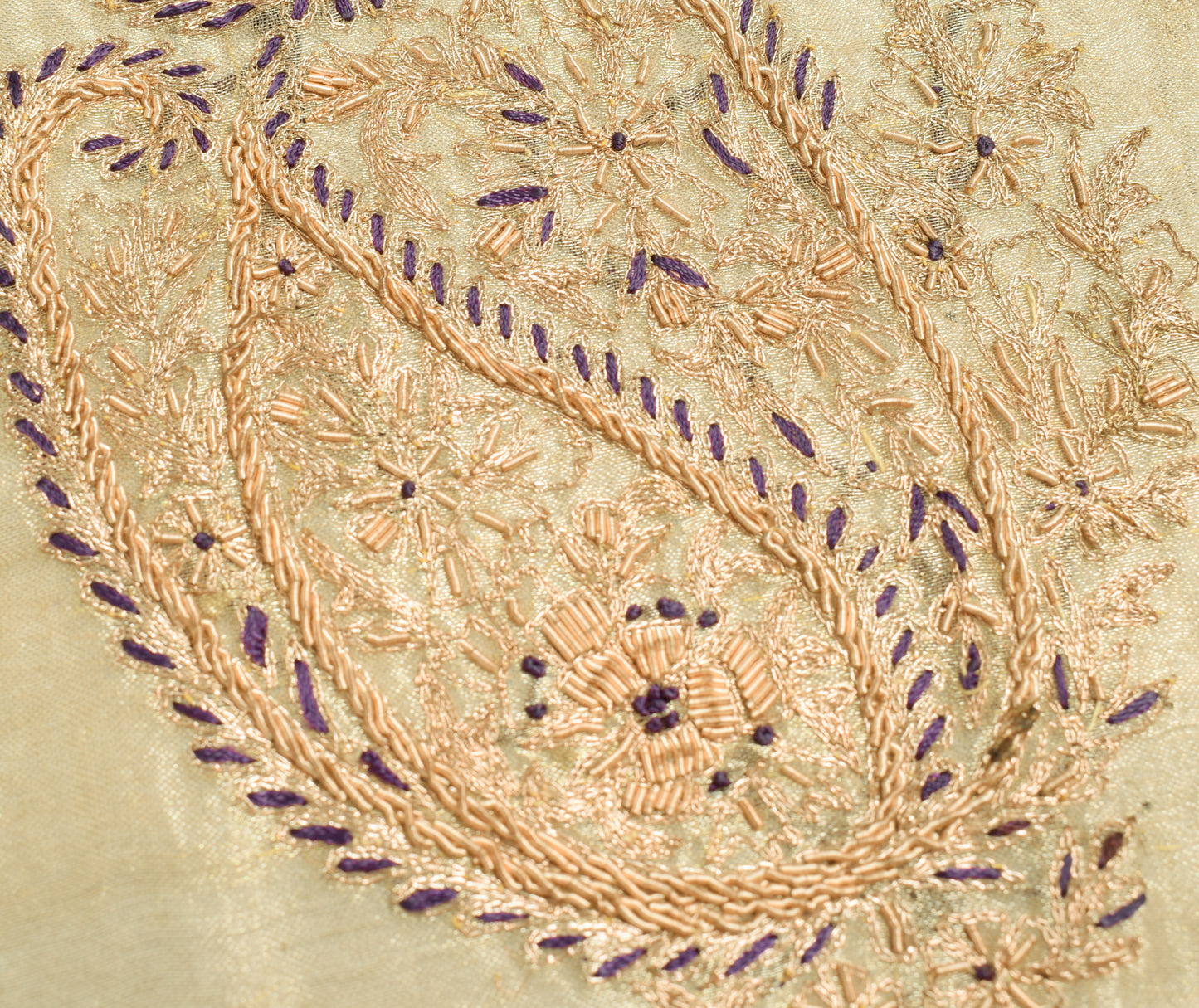 Sushila Vintage Golden Tissu Sari Remnant Scrap Hand Beaded Paisley Craft Fabric