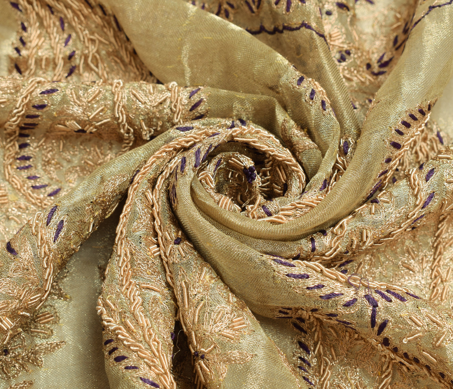 Sushila Vintage Golden Tissu Sari Remnant Scrap Hand Beaded Paisley Craft Fabric