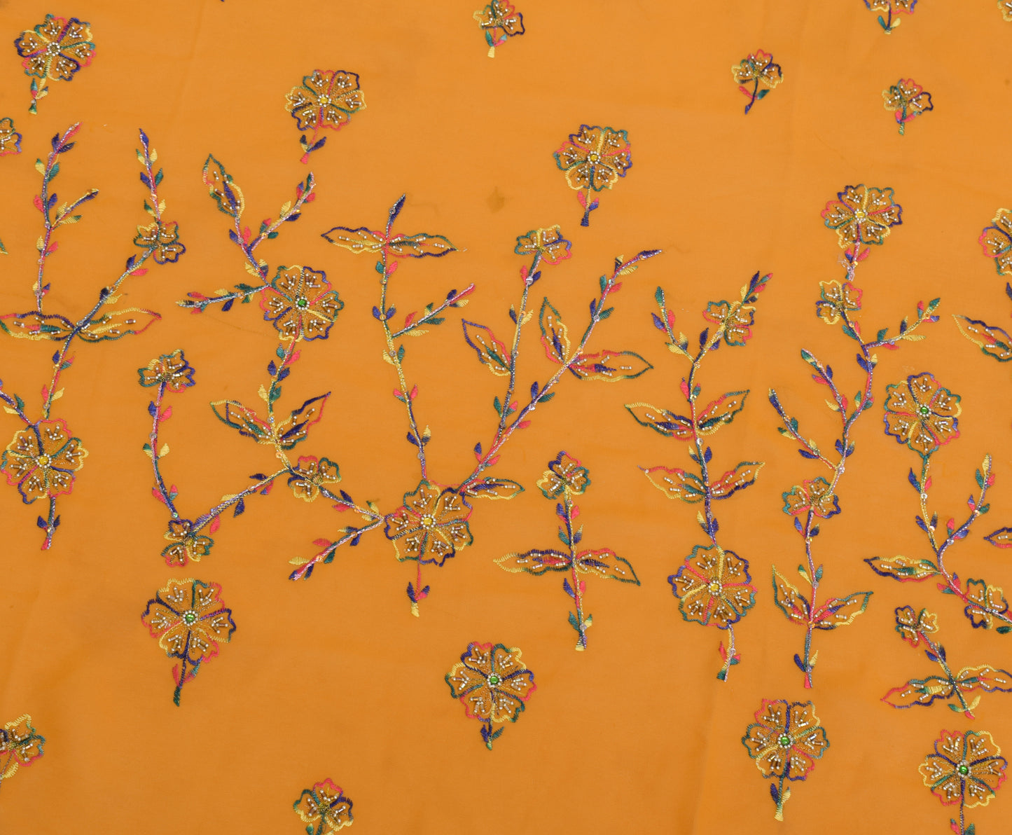 Sushila Vintage Mustard Silk Sari Remnant Scrap Hand Beaded Floral Craft Fabric