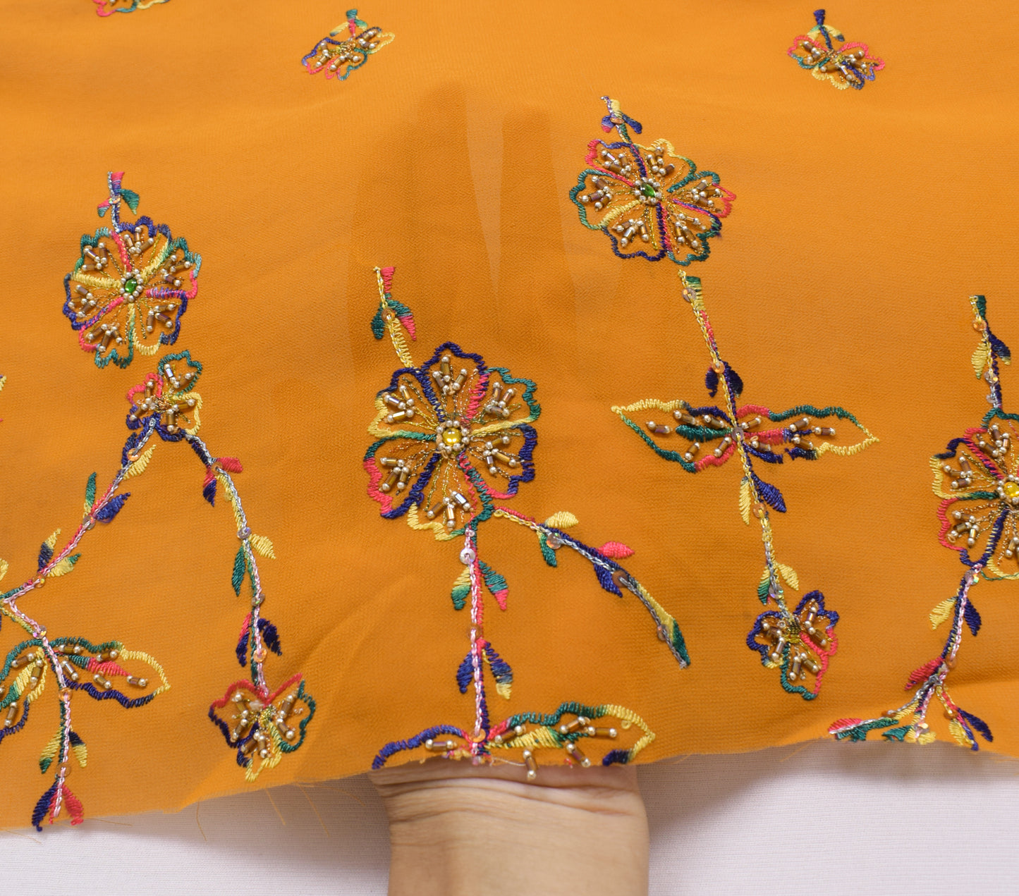 Sushila Vintage Mustard Silk Sari Remnant Scrap Hand Beaded Floral Craft Fabric