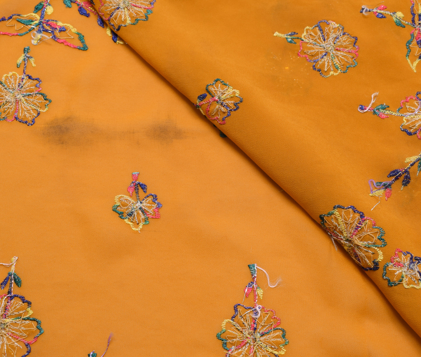 Sushila Vintage Mustard Silk Sari Remnant Scrap Hand Beaded Floral Craft Fabric