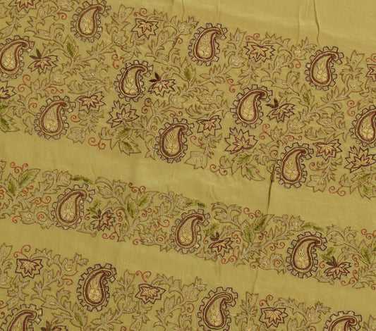 Sushila Vintage Green Sari Remnant Scrap 100%Pure Crepe Hand Beaded Craft Fabric