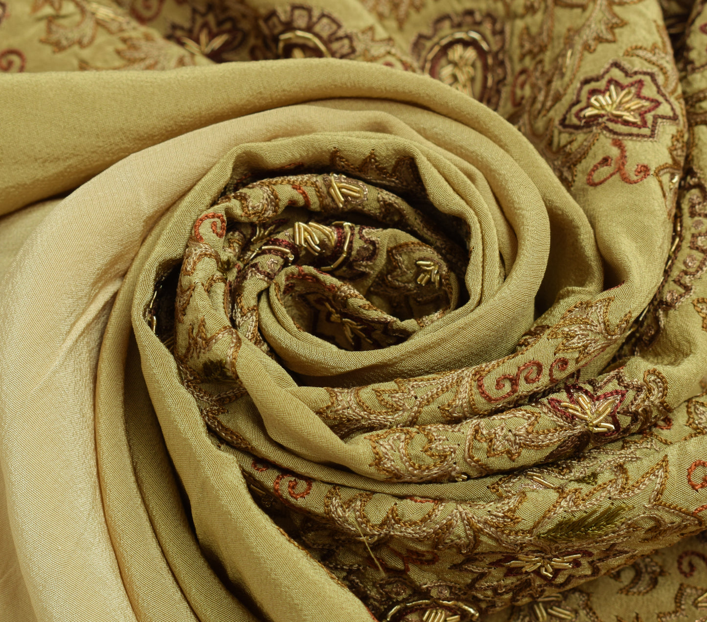 Sushila Vintage Green Sari Remnant Scrap 100%Pure Crepe Hand Beaded Craft Fabric