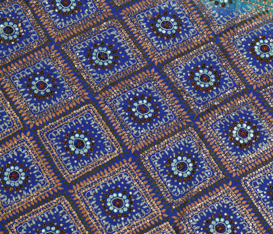 Sushila Vintage Blue Sari Remnant Scrap 100% Pure Silk Hand Beaded Craft Fabric