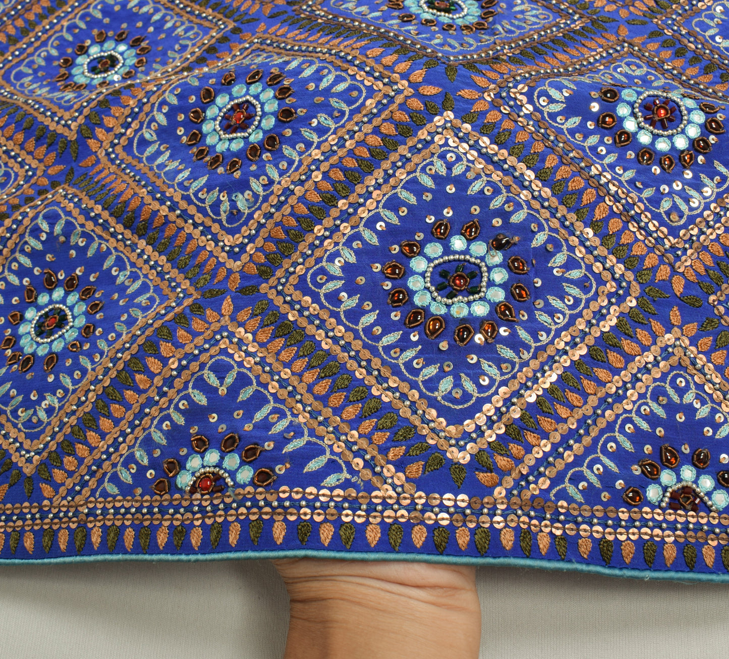 Sushila Vintage Blue Sari Remnant Scrap 100% Pure Silk Hand Beaded Craft Fabric