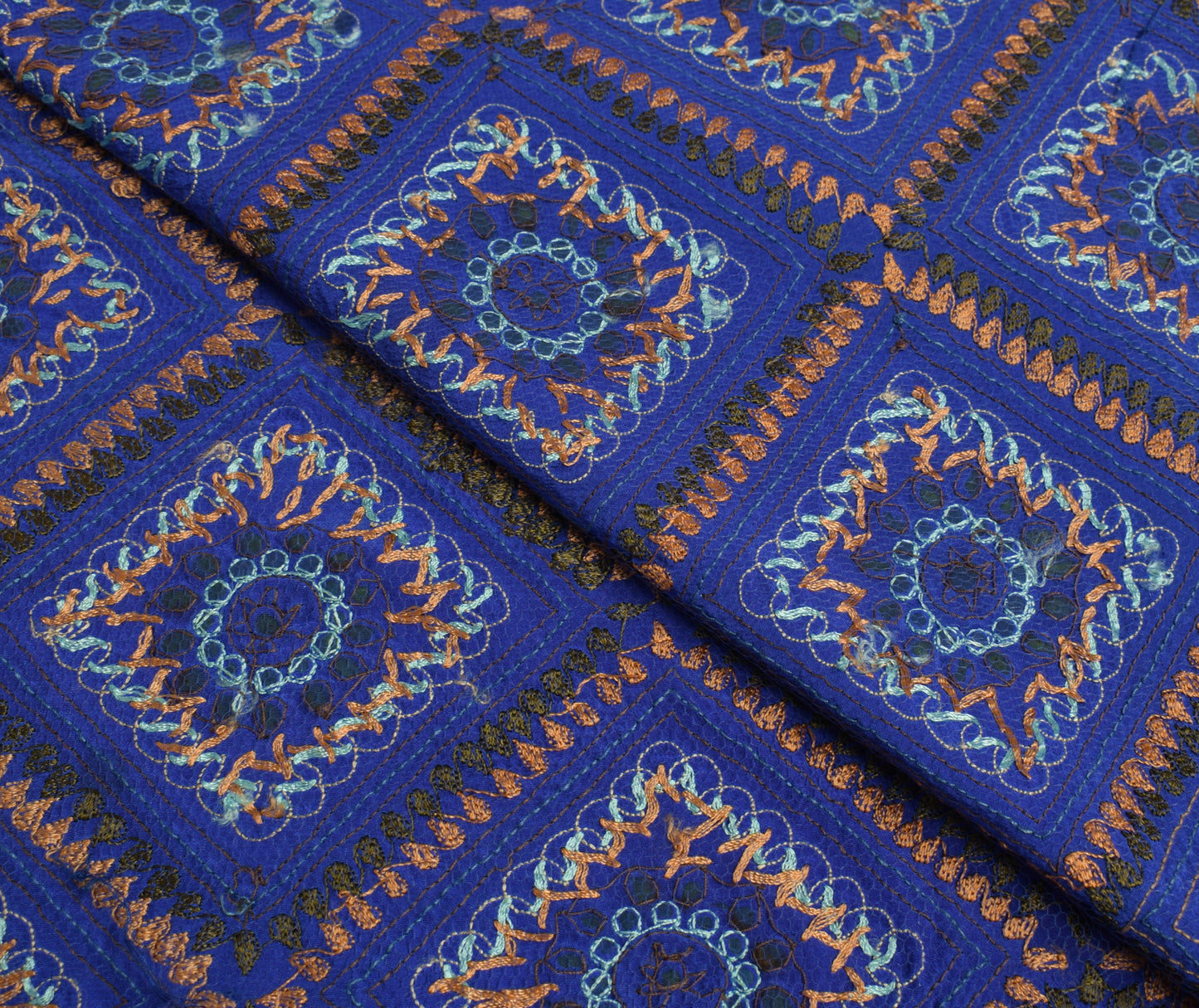 Sushila Vintage Blue Sari Remnant Scrap 100% Pure Silk Hand Beaded Craft Fabric