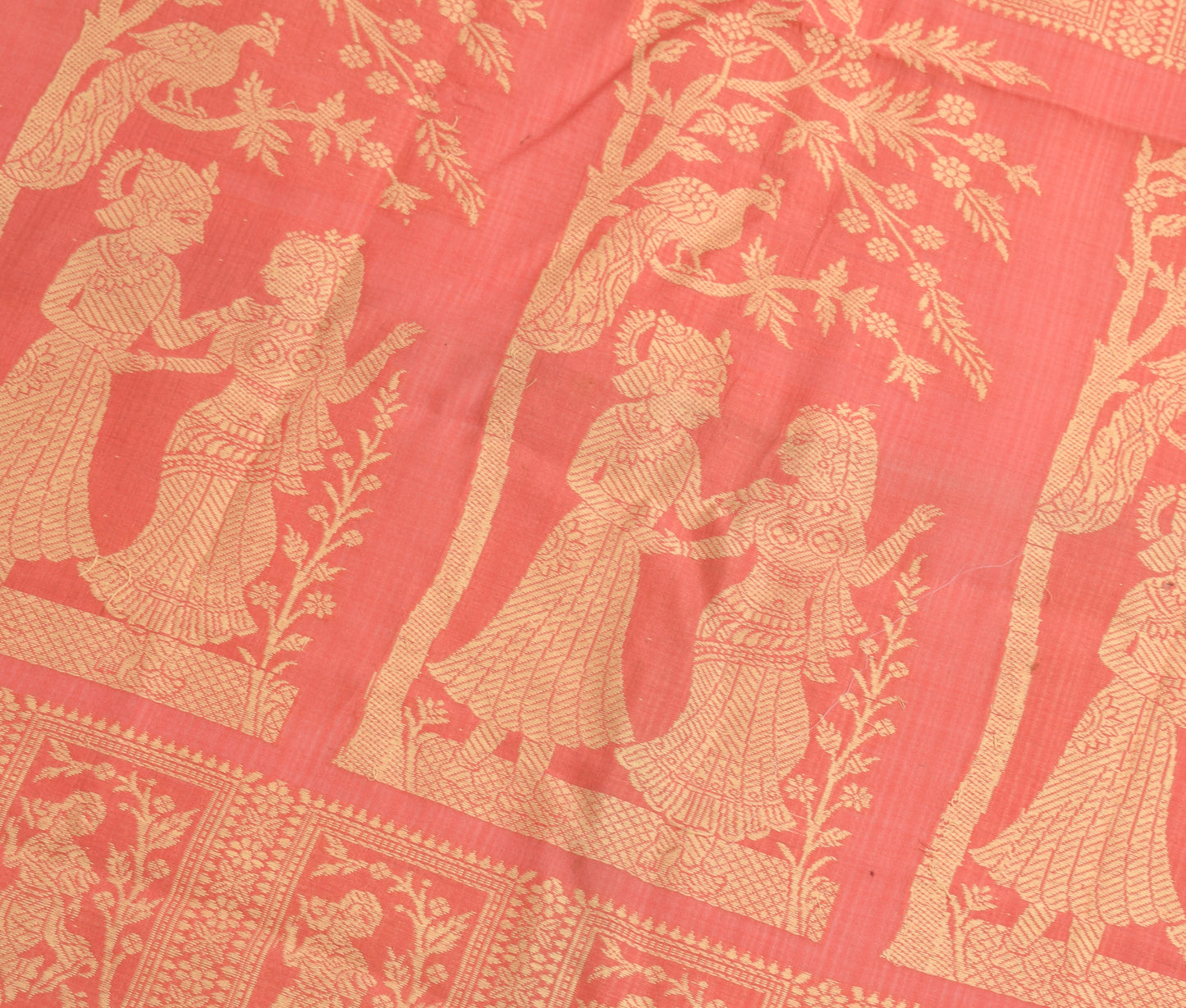 Sushila Vintage Peach Sari Remnant Scrap Cotton Baluchari Woven Craft Fabric