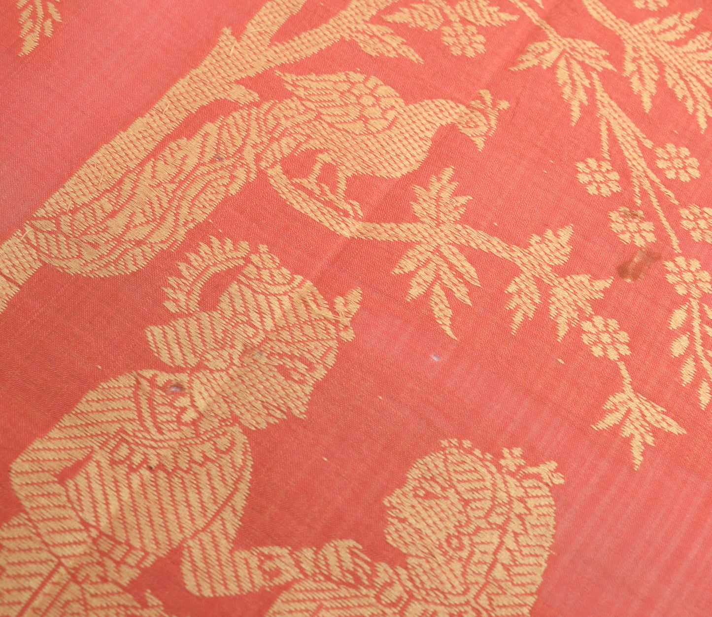Sushila Vintage Peach Sari Remnant Scrap Cotton Baluchari Woven Craft Fabric