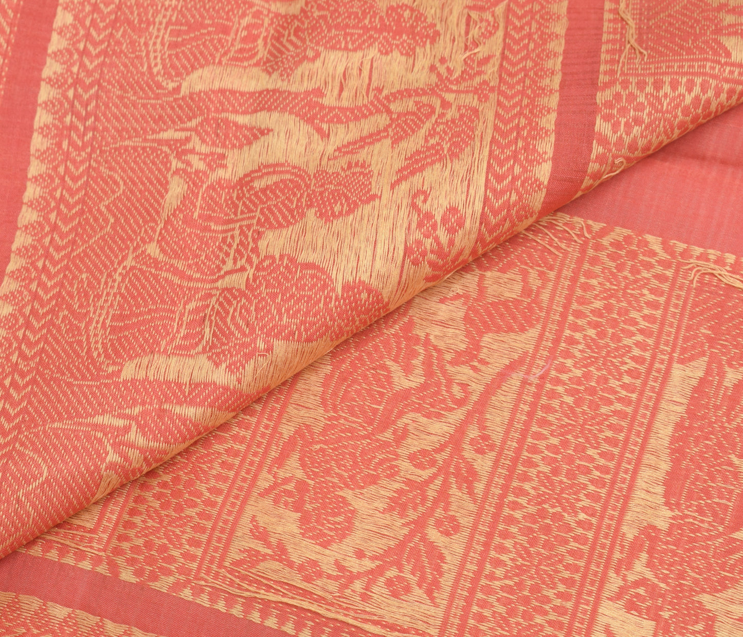 Sushila Vintage Peach Sari Remnant Scrap Cotton Baluchari Woven Craft Fabric