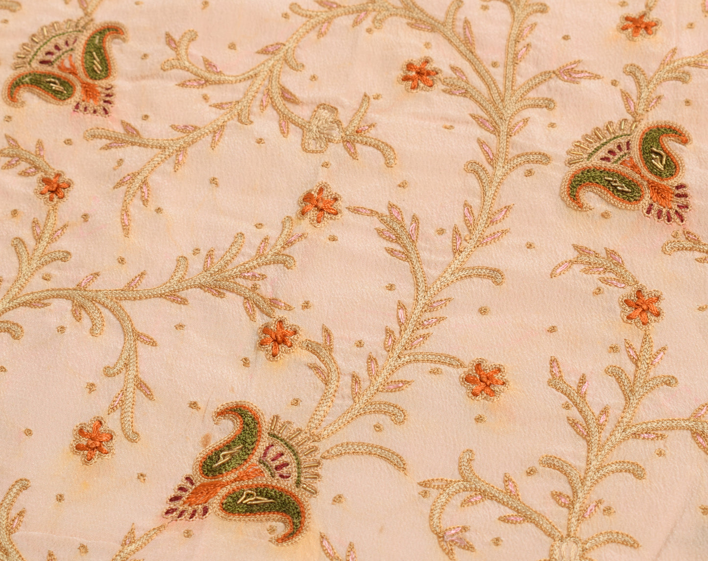 Sushila Vintage Peach Sari Remnant Scrap Crepe Silk Embroidered Craft Fabric