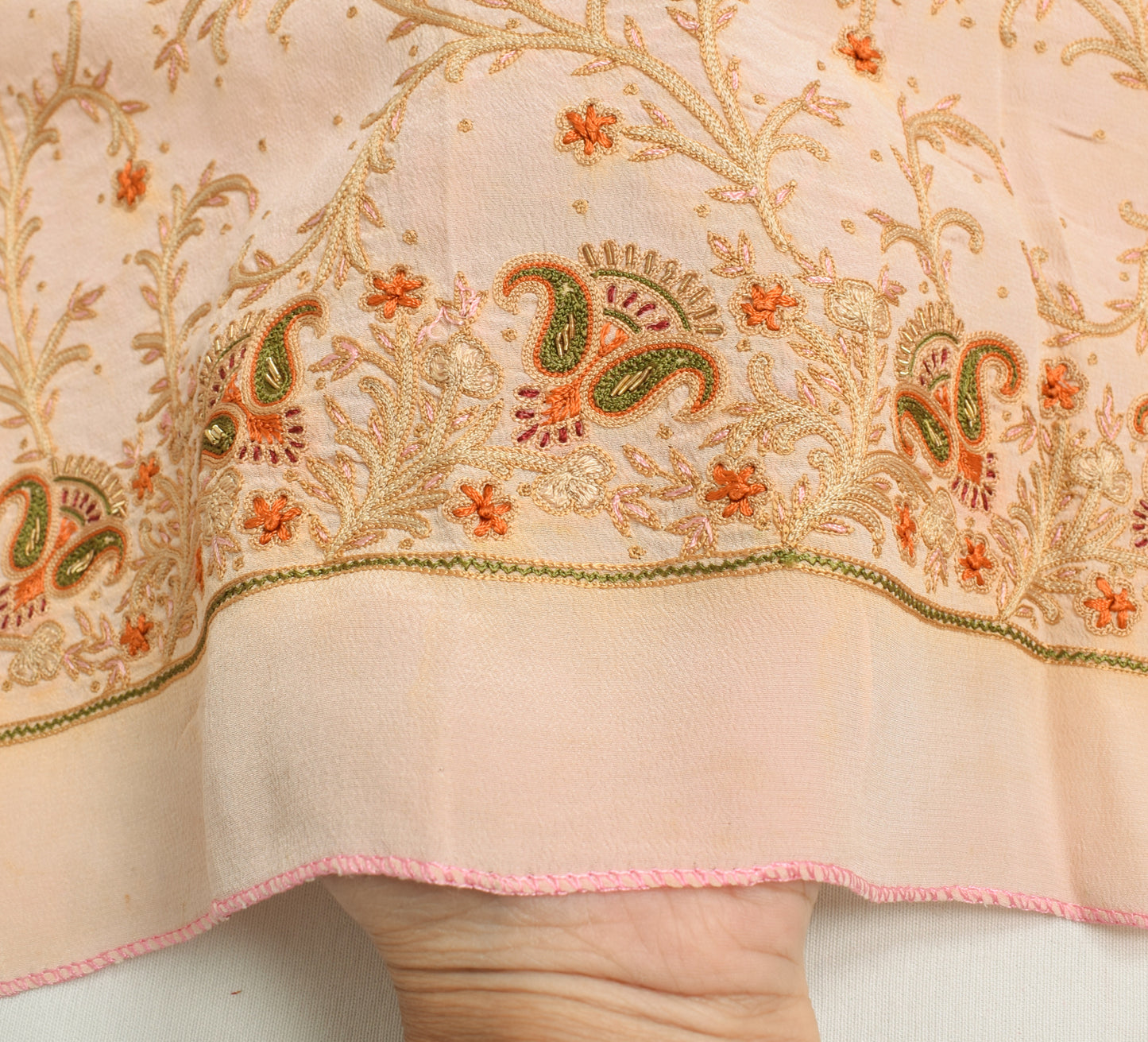 Sushila Vintage Peach Sari Remnant Scrap Crepe Silk Embroidered Craft Fabric