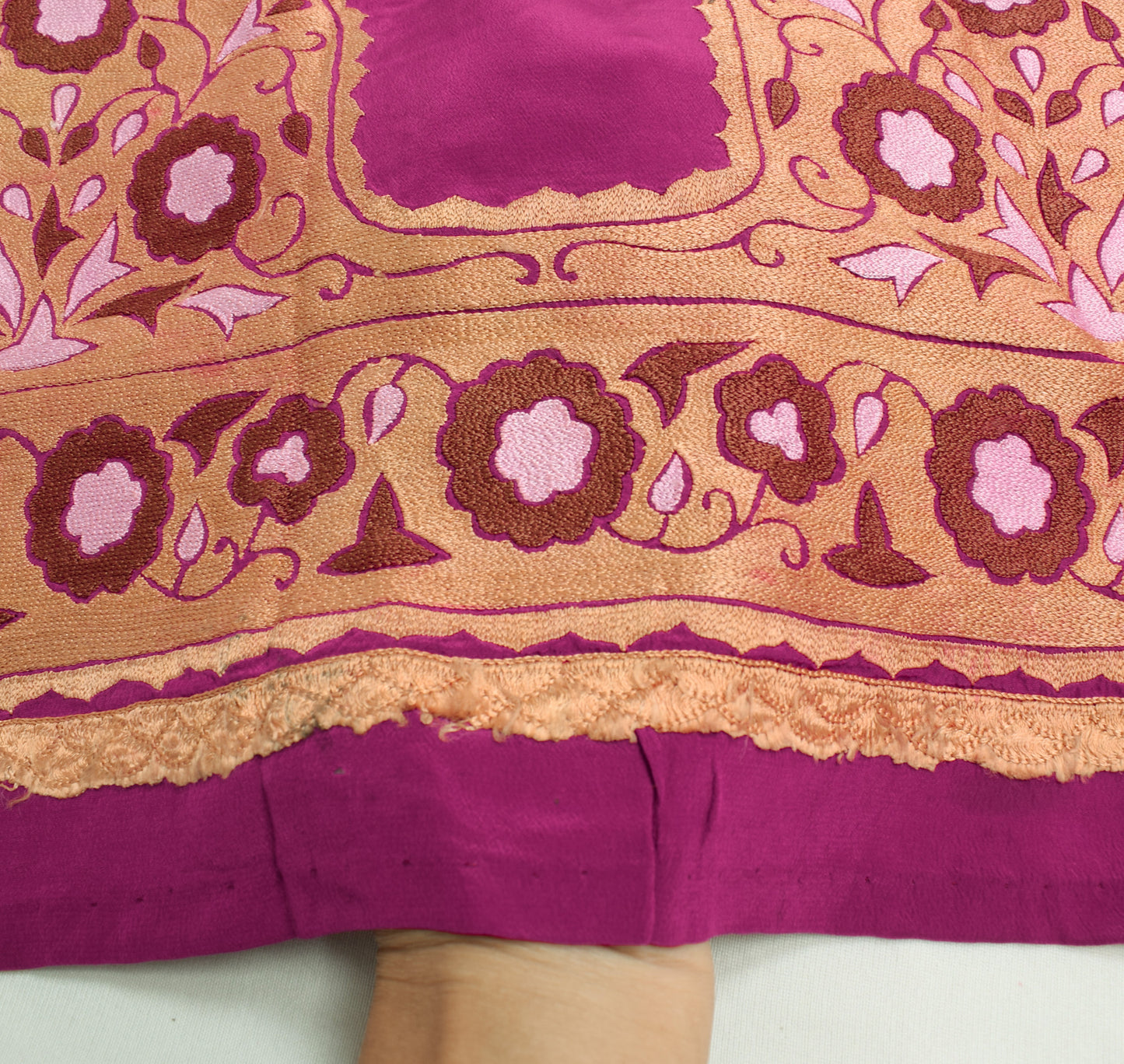 Sushila Vintage Magenta Sari Remnant Scrap Crepe Silk Embroidered Craft Fabric