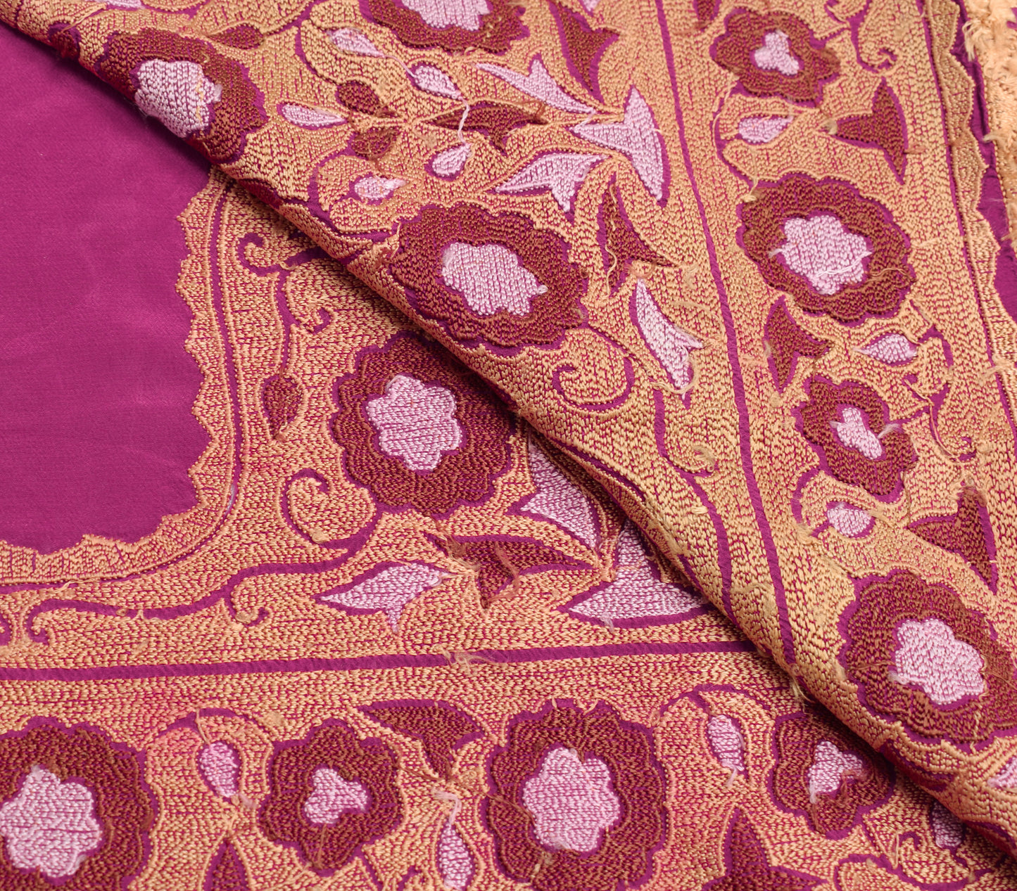 Sushila Vintage Magenta Sari Remnant Scrap Crepe Silk Embroidered Craft Fabric