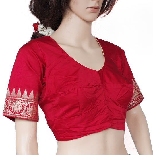Sushila Vintage 35" Stitched Red Sari Blouse Pure Silk Woven Designer Top
