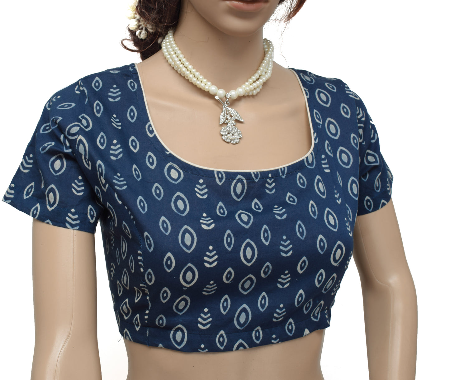 Sushila New Top Readymade Stitched Sari Blouse Blue Pure Cotton Printed Choli