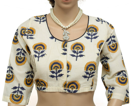 Sushila New Top Readymade Stitched Sari Blouse Cream Pure Cotton Printed Choli