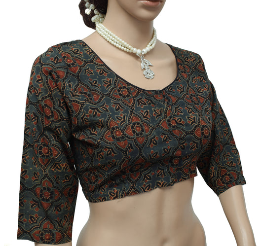 Sushila Gray New Top 38" Stitched Sari Blouse Pure Cotton Printed Choli