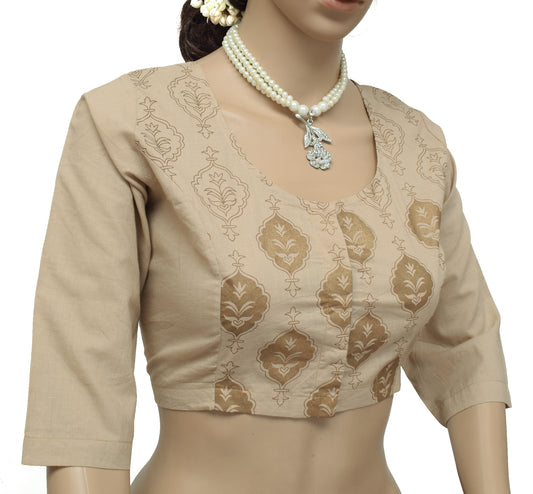 Sushila Vintage New Readymade Brown Stitched Sari Blouse Cotton Printed 38" Choli