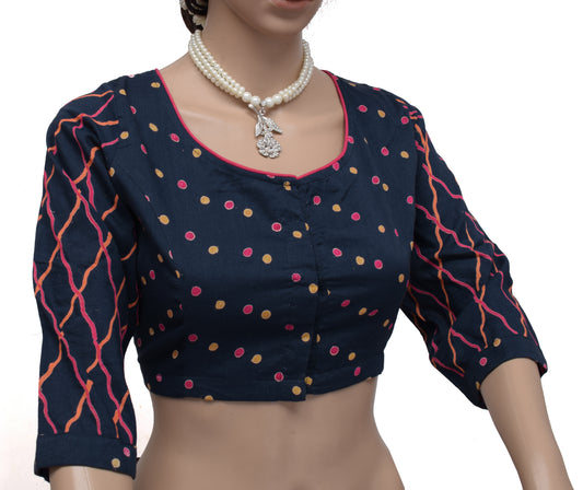 Sushila Vintage New Readymade Stitched Sari Blouse Cotton Printed Blue Choli