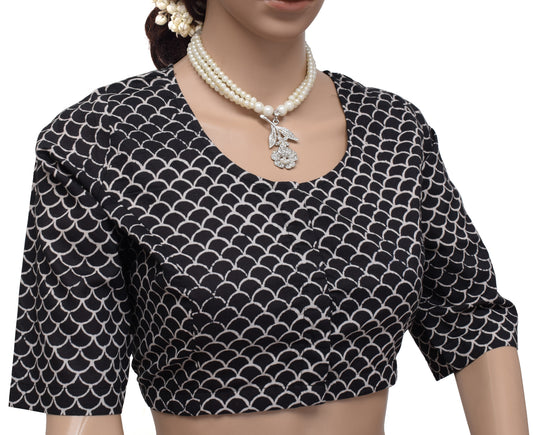 Sushila Vintage New Readymade Black 40" Sari Blouse Cotton Printed Choli