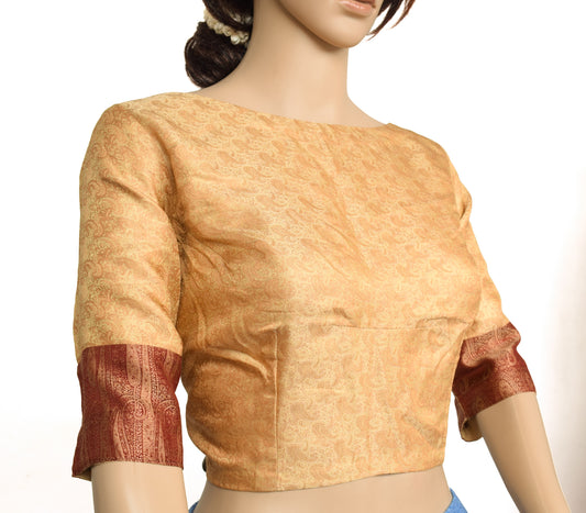 Sushila Vintage Beige Readymade 40" Sari Blouse Silk Woven Designer Top