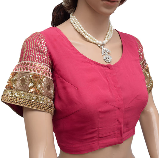 Sushila Vintage Readymade 38" Pink Sari Blouse Georgette Embroidered Choli