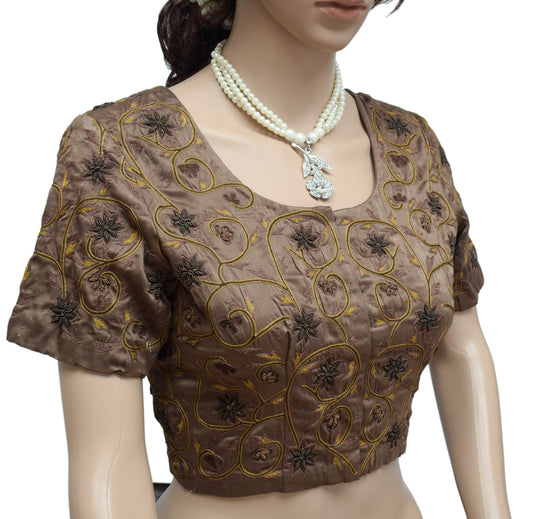 Sushila Vintage Brown Readymade 35" Sari Blouse Satin Silk Embroidery Choli