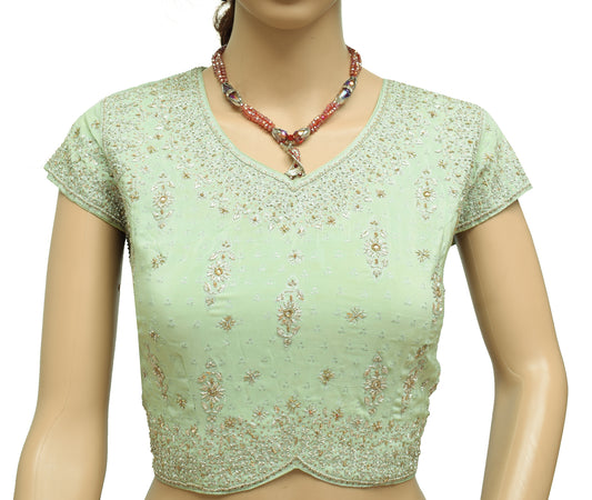 Sushila Vintage Green Readymade Stitched Sari Blouse Pure Silk Hand Beaded Choli
