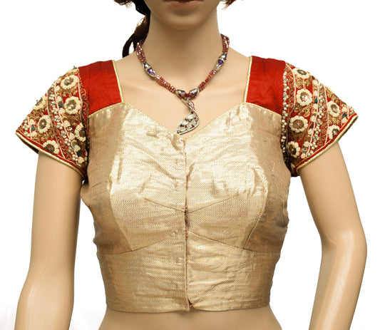 Sushila Vintage Red Golden Readymade Stitched Sari Blouse Silk Hand Beaded Choli