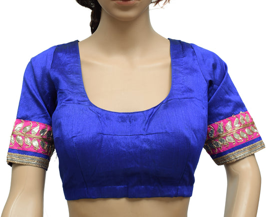 Sushila Vintage Readymade Stitched Blue Sari Blouse Art Silk Patch Work Choli