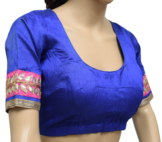 Sushila Vintage Readymade Stitched Blue Sari Blouse Art Silk Patch Work 34" Choli