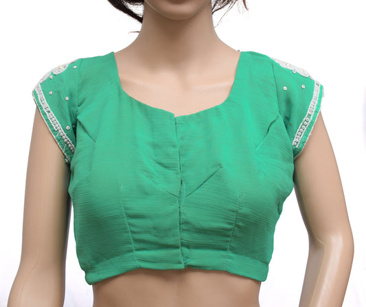 Sushila Vintage Green Readymade Stitched Sari Blouse Chiffon Beaded Designer Top