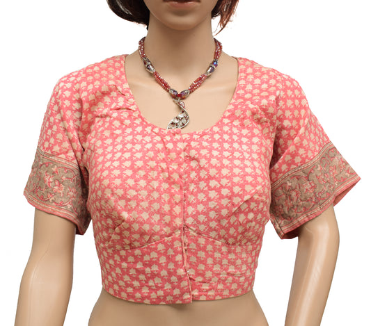 Sushila Vintage Readymade Pink Stitched Sari Blouse Pure Cotton Printed Choli