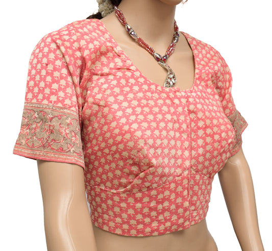Sushila Vintage Readymade Pink 46"Sari Blouse Pure Cotton Printed Choli