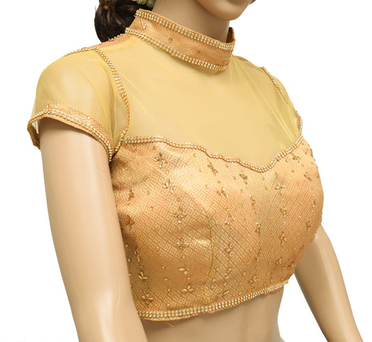 Sushila Vintage Readymade Stitched High Neck Golden Sari Blouse Silk Woven Choli