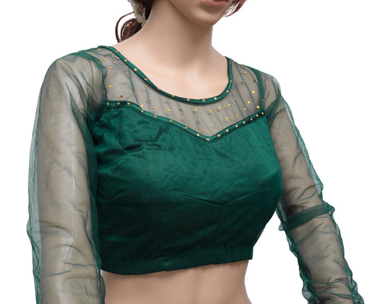 Sushila Vintage Green Readymade 36" Sari Blouse Net Beaded Designer Top