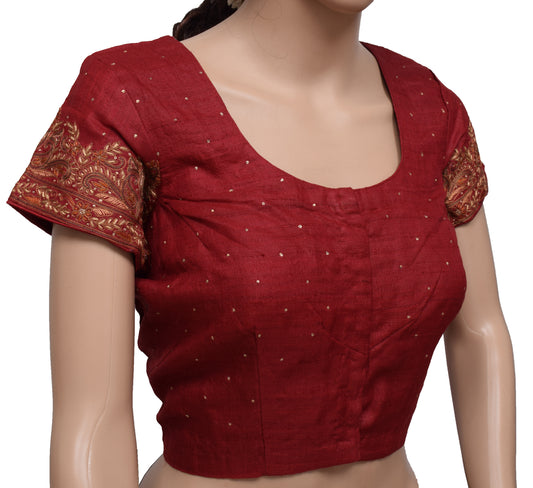 Sushila Vintage Maroon Readymade 38" Sari Blouse Silk Woven Designer Choli