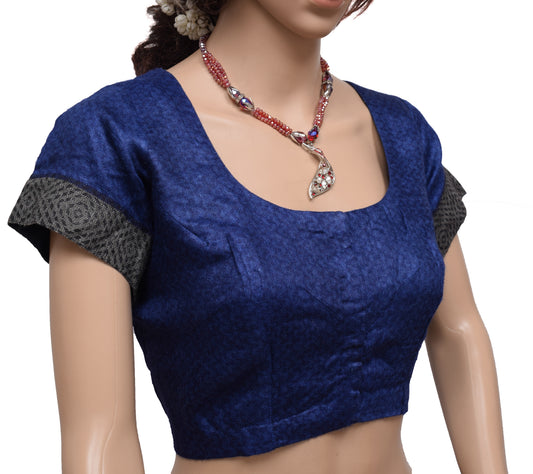Sushila Vintage Blue Readymade Stitched Sari Blouse Woolen Woven Designer 42" Choli
