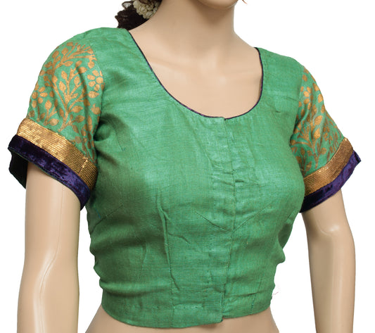 Sushila Vintage Readymade Stitched Green Sari Blouse Woolen Woven Designer 36" Top