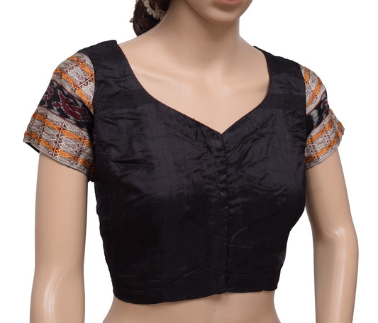 Sushila Vintage Readymade Black Stitched Sari Blouse Silk Woven Designer 40" Choli