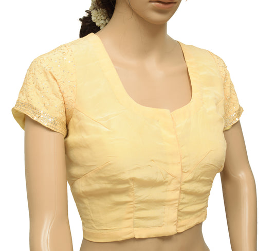 Sushila Vintage Yellow Readymade Stitched Sari Blouse Crepe Silk Hand Beaded Top 40"