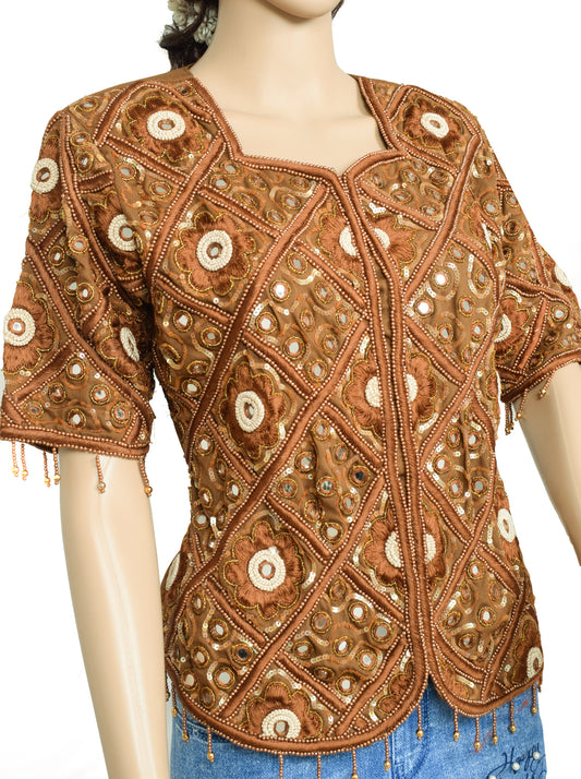 Sushila Vintage Readymade 34"Brown Silk Sari Blouse Hand Beaded Koti Top