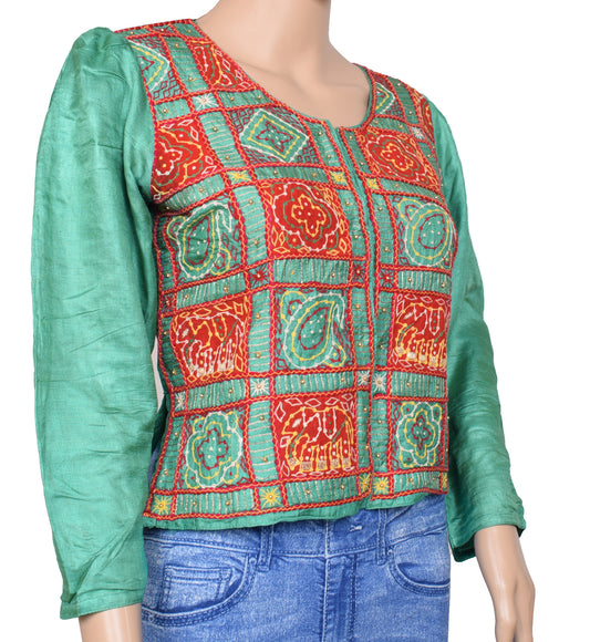 Sushila Vintage Green Readymade 34" Sari Blouse Silk Embroidered Floral Top