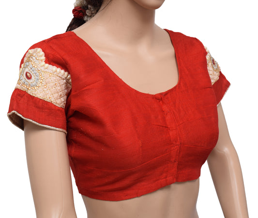 Sushila Vintage Readymade 36" Sari Blouse Red Silk Woven Designer Choli Top