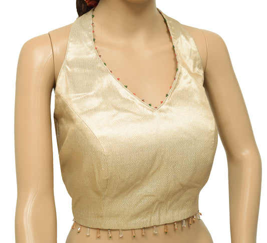 Sushila Vintage Readymade 36" Halter Neck Silk Designer Cream Saree Blouse