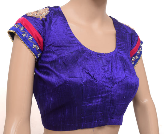 Sushila Vintage Blue Applique Work Readymade Stitched Sari Blouse Designer Choli