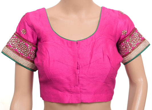 Sushila Vintage Readymade Stitched Sari Blouse Pink Silk Hand Beaded Floral Top